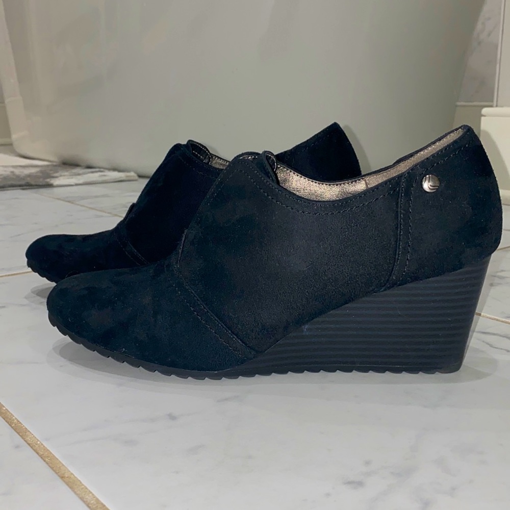 Black suede wedge booties
